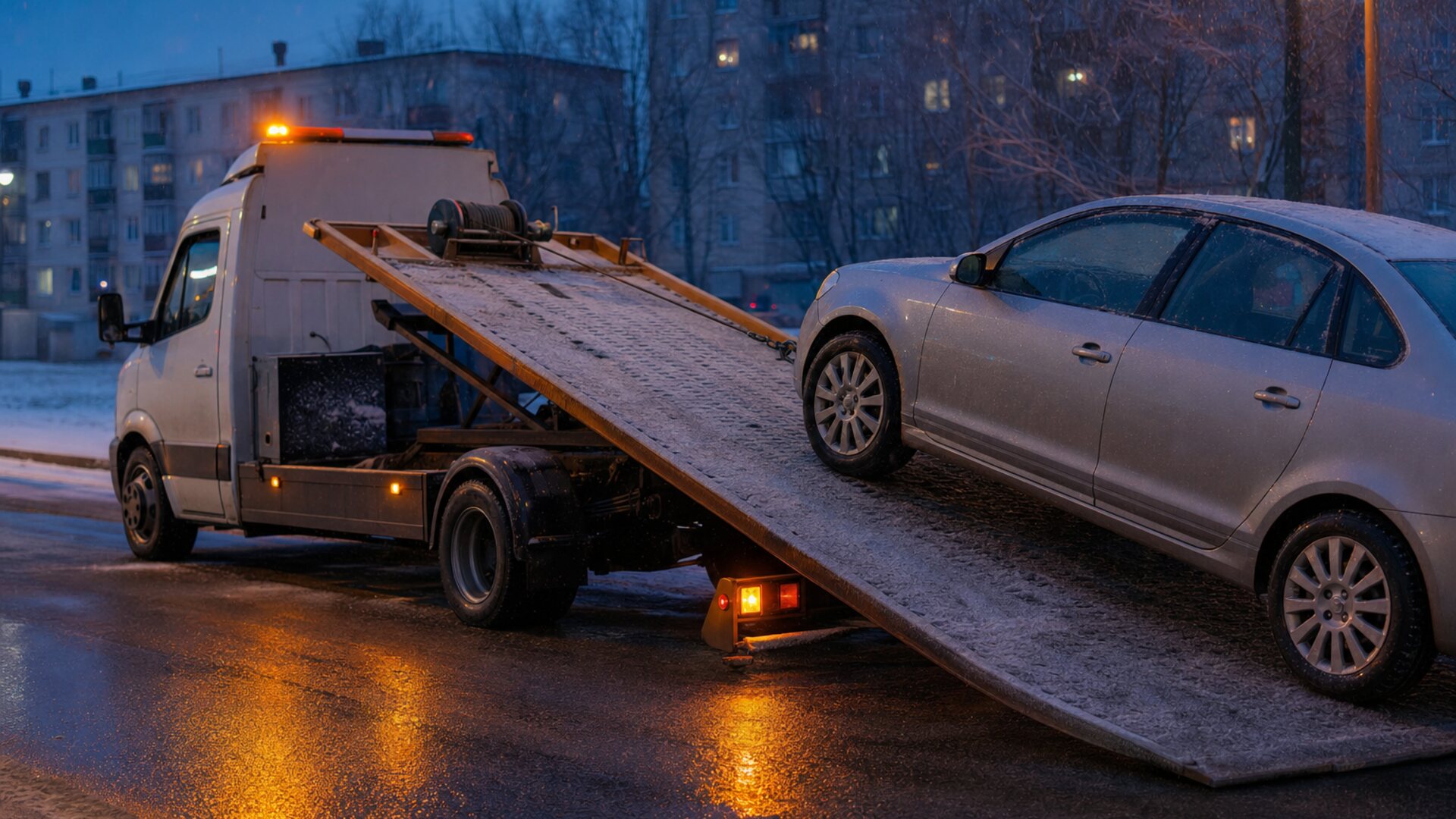 Эвакуатор со сдвижной платформой грузит автомобиль в Рязани